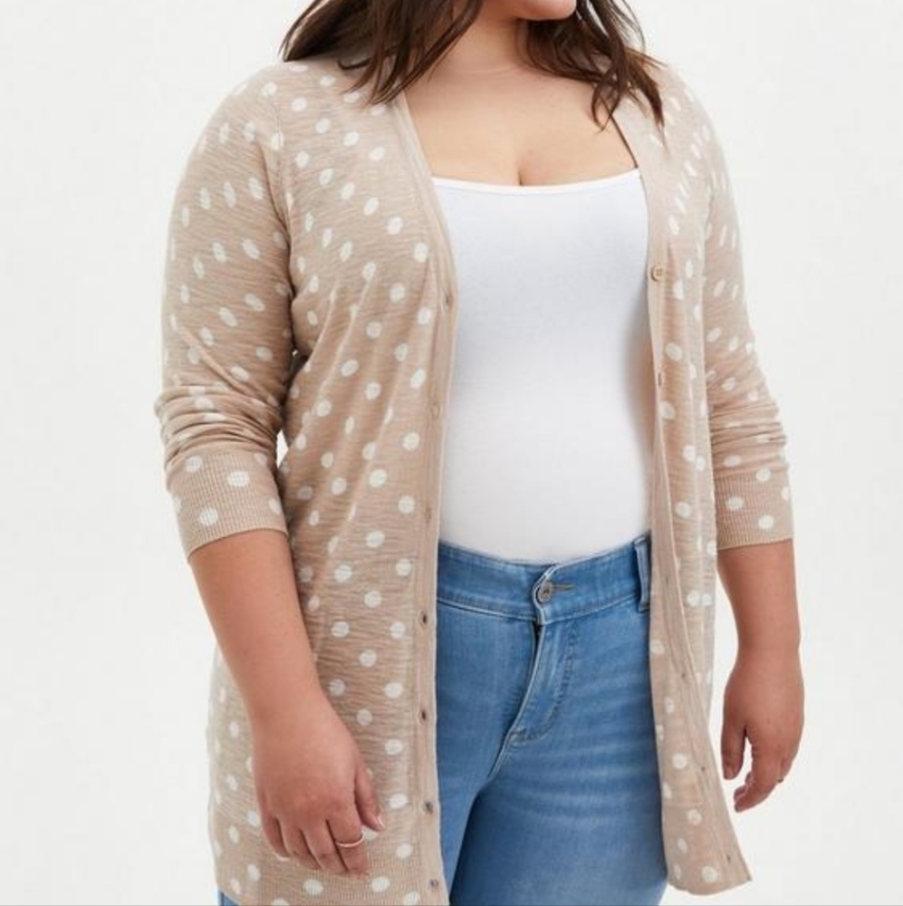 Plus-Size Beige Polka Dot Cardigan Sweater